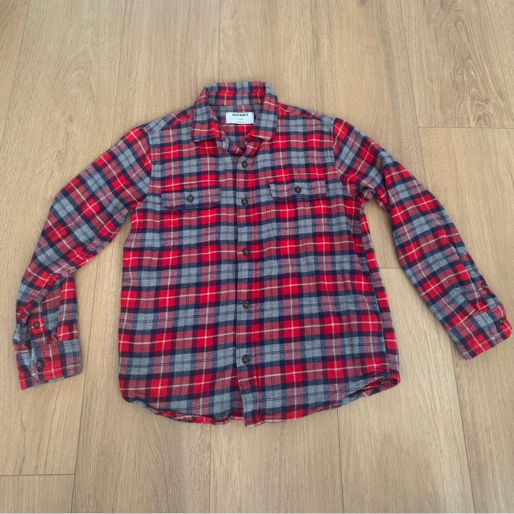 Old Navy Boys Red, Blue & Gray Plaid Pocket Button Down Flannel Shirt